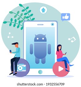 Modern style vector illustration. Mobile app development concept banner with characters. Can be used for web banners, infographics, hero images.