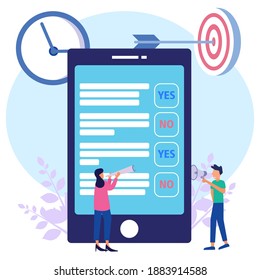 Modern style vector illustration. Online survey, online voting, online survey technology concept with people and phone with checklist. Yes No list. For web banners, prints, infographics.
