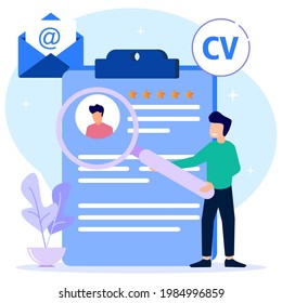 Modern style vector illustration, online recruitment concept with the character of a person checking applicant data and profiles. Suitable for web landing pages, ui, banner templates. 