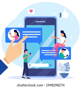 Modern style vector illustration Online chat scene.Virtual friends talking using text messages. Digital global connection with smartphone connection and support.