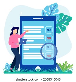 Modern style vector illustration. Online survey, online voting, online survey technology concept with people and laptop with checklist. Yes No list. For web banners, prints, infographics.