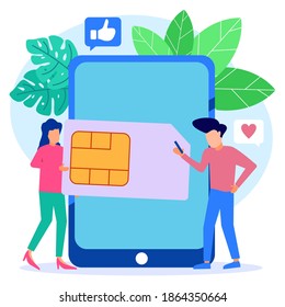 Modern style vector illustration, people around big cell phone, mobile sim card, microcircuit, cell phone communication scheme.