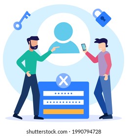 Modern style vector illustration of people registering online and registering on digital device. Users use secure login and password protection on websites or social media accounts.