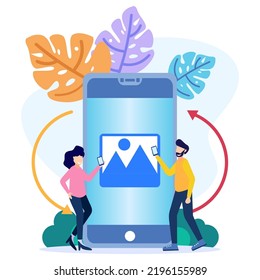 Modern style vector illustration. People character file sharing, encrypted transfer, documentation transfer, data transfer.