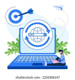 Modern style vector illustration of people character with search engine on seo. Can be used for web banners, infographics, hero images.