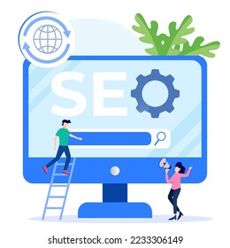 Ilustración vectorial de estilo moderno del personaje de la gente con motor de búsqueda en seo. Se puede usar para banners web, infografías, imágenes de héroes.