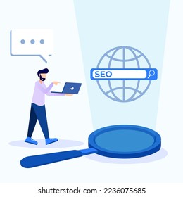 Modern style vector illustration of people character with search engine on seo. Can be used for web banners, infographics, hero images.
