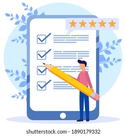 Ilustración vectorial de estilo moderno. Prueba de relleno de caracteres de persona en el formulario de encuesta del cliente. El hombre marca la lista de verificación. Experiencia del cliente y concepto de satisfacción.