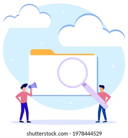 Modern style vector illustration. The person character looks for documents or files in a catalog folder. Information concept or data organization or optimization, search.
