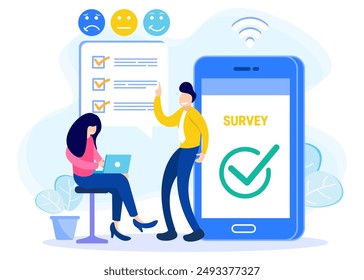 Modern style Vector illustration. Person Character Fill Test on Customer Survey Form. The man ticks the checklist. Customer Experience and Satisfaction Concept.