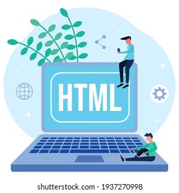 Modern style vector illustration, powerful programmer coding website on laptop with HTML word, creating web and networking.