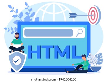 Modern style vector illustration, powerful programmer coding website on laptop with HTML word, creating web and networking.