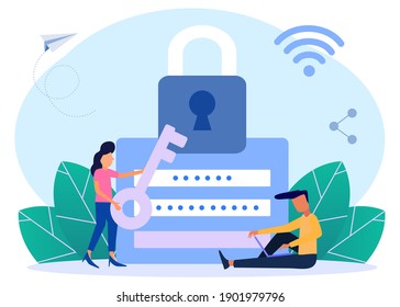 Ilustración vectorial de estilo moderno, recuerde la contraseña de caracteres de personas con bloqueo de signo de código de seguridad para la página web.