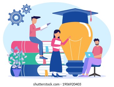 Modern style vector illustration. students are studying at home with laptops and books. E-learning, webinars, online video training, distance education concepts.