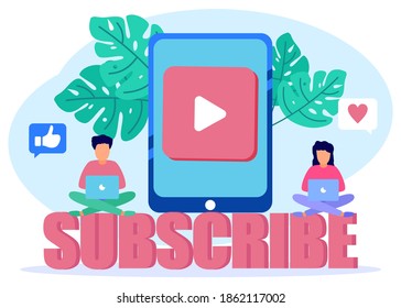 Modern style vector illustration. Subscribe now, channel subscribe red button, phone with online newsletter, email marketing system Suitable for web landing pages, ui, mobile apps, banner templates.