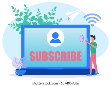 Modern style vector illustration. Subscribe to creative video content, marketing, online, the character of people doing promotions.