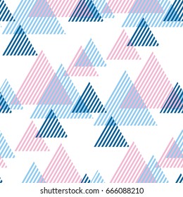 Modern style vector illustration for surface design. Abstract seamless pattern with striped triangle motif. funky background with lines in 80s or 90s fashion style. Abstract summer motif. 