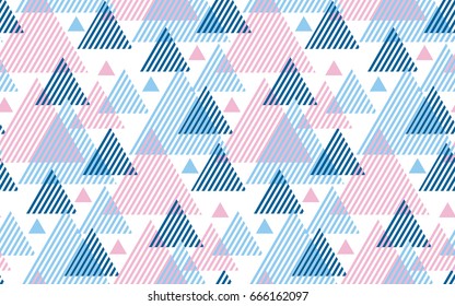 Modern style vector illustration for surface design. Abstract seamless pattern with striped triangle motif.