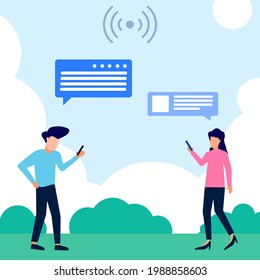 Modern Style Vector Illustration. Virtual Friends Talking Using Online Text Messages. Digital Connection With Smartphone Connection And Social Media Support. Group Chat Community Scene.