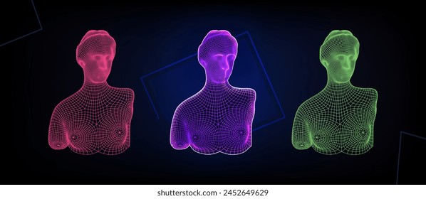 Modern style Venus wireframe low poly. Greek classic ancient of Venus, antique greek sculpture set. Various neon antique statues bust. Vector illustrations isolated Eps 10