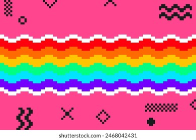 Moderner Stil Wavy Pride Regenbogen auf hellrosa Hintergrund mit schwarzen Memphis Formens, Pixel Art