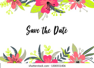 Modern style wedding invitation card with flower frame background, hand drawn floral elements label. Vector design template, isolated. Save the date welcome card in trendy and fashion bright colours.