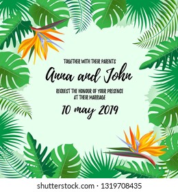 Modern style wedding invitation card with tropical exotic flowers and leaves frame background, floral elements label. Vector design template, isolated. Save the date welcome card with palm plant.