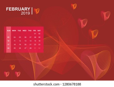 Modern style wire frame  calendar for February 2019