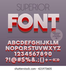 Modern styled 3D superior set of alphabet letters, numbers and punctuation symbols with shadow