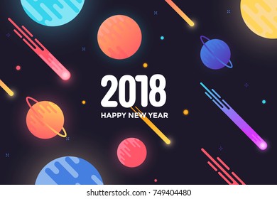 Modern styled Happy new year 2018 greeting card with composition made of various rounded shapes in neon color style. Christmas placard,poster,flyer,invitation. Vector Illustration