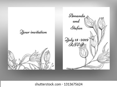 Modern styled invitation on wedding with tulips vintage flowers on white background