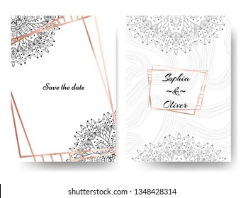 Modern styled invitation on wedding with gold frames and hand drawn mandala on white background