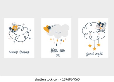 Modern stylich kids posters set in scandinavian style. Cute scandi card with cloud, other elements and lettering text. Vector hand drawn doodles. Children, baby nursery desigsn and print.