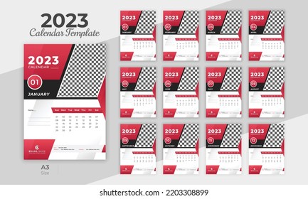 Modern stylish 2023 wall calendar design template of 12 month