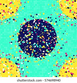 Modern stylish abstract geometric background with structure different colored paint splashes. Repeating texture in trendy Memphis style, perfect for fabrics and decoration. Vector seamless pattern.