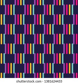 Modern stylish abstract geometric pattern with colorful bright strokes on dark background. Vector illustration for fabric, wallpaper, textile, wrapping paper and more.