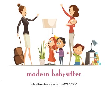 Modern Stylish Babysitter Nanny Holding Baby Playing With Kids And Waving Farewell To Busy Mother Cartoon Vector Illustration 