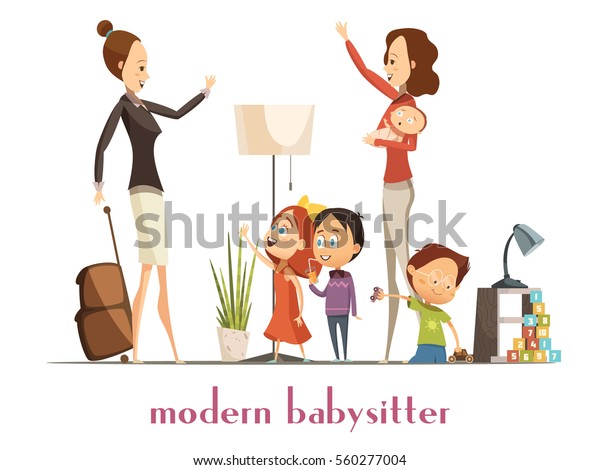 子どもと遊ぶ赤ちゃんを抱き 忙しい母親の漫画のベクターイラストに別れを告げる現代のスタイリッシュなベビーシッターの乳母 のベクター画像素材 ロイヤリティ フリー