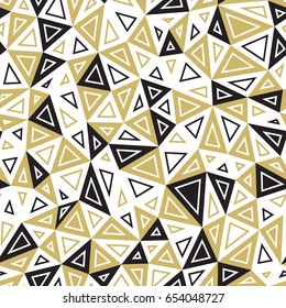 Modern stylish background with black and white and gold triangles. Seamless geometric vector pattern