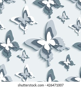 Modern stylish background seamless pattern with flying white, gray, black 3d butterflies cutting paper. Trendy creative wallpaper. Vector illustration