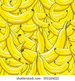 Modern stylish bright yellow banana pattern. Repeating irregular background with hand drawn fresh bananas lying on each other. Perfect texture for textile and wallpapers. Vector seamless pattern.