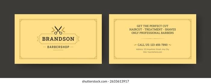 Modern and stylish business card template for barbershop with vintage elements, scissors logo, and professional layout. Perfect for personal or corporate use. Vector illustration