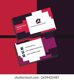 Modern and stylish business card template featuring a bold geometric pixel-edge design in deep red, black, and purple tones. Ideal for creative professionals, design agencies, or tech startups. 