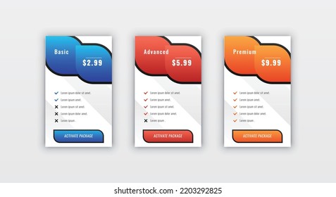 Modern stylish business pricing table or card design template