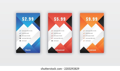 Modern stylish business pricing table or card design template