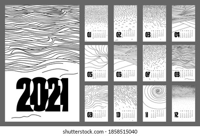 Modern stylish calendar template 2021 with abstract weather plots, resembling weather natural phenomena, farm field, dunes, waves, swirl, flying away birds, puddles, fog and etc.