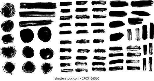 Modern stylish collection of black labels, ink brush strokes, brushes, background, paint text.Dirty artistic design elements. Vector illustration. Isolated on white background.