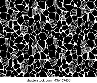 Modern stylish decorated stone pavement seamless pattern. White on black background