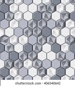 Modern stylish decorative monochrome texture with realistic lightning surface made of repeating hexagonal tiles - vector seamless pattern