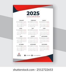  Modern stylish Flat 2025 wall calendar template month planner Design vector.